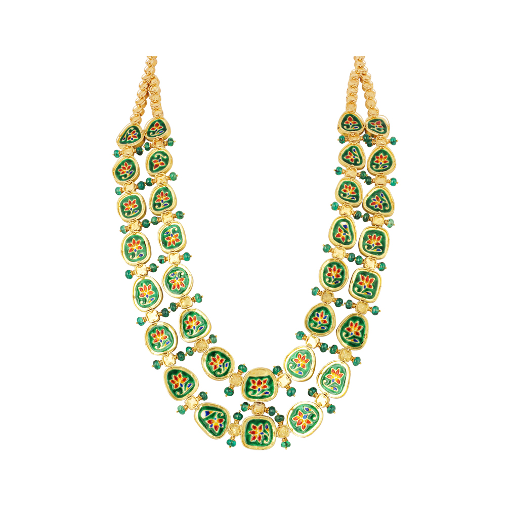 Polki Necklace with Green Chudi Work and Emerald Fungar Beads